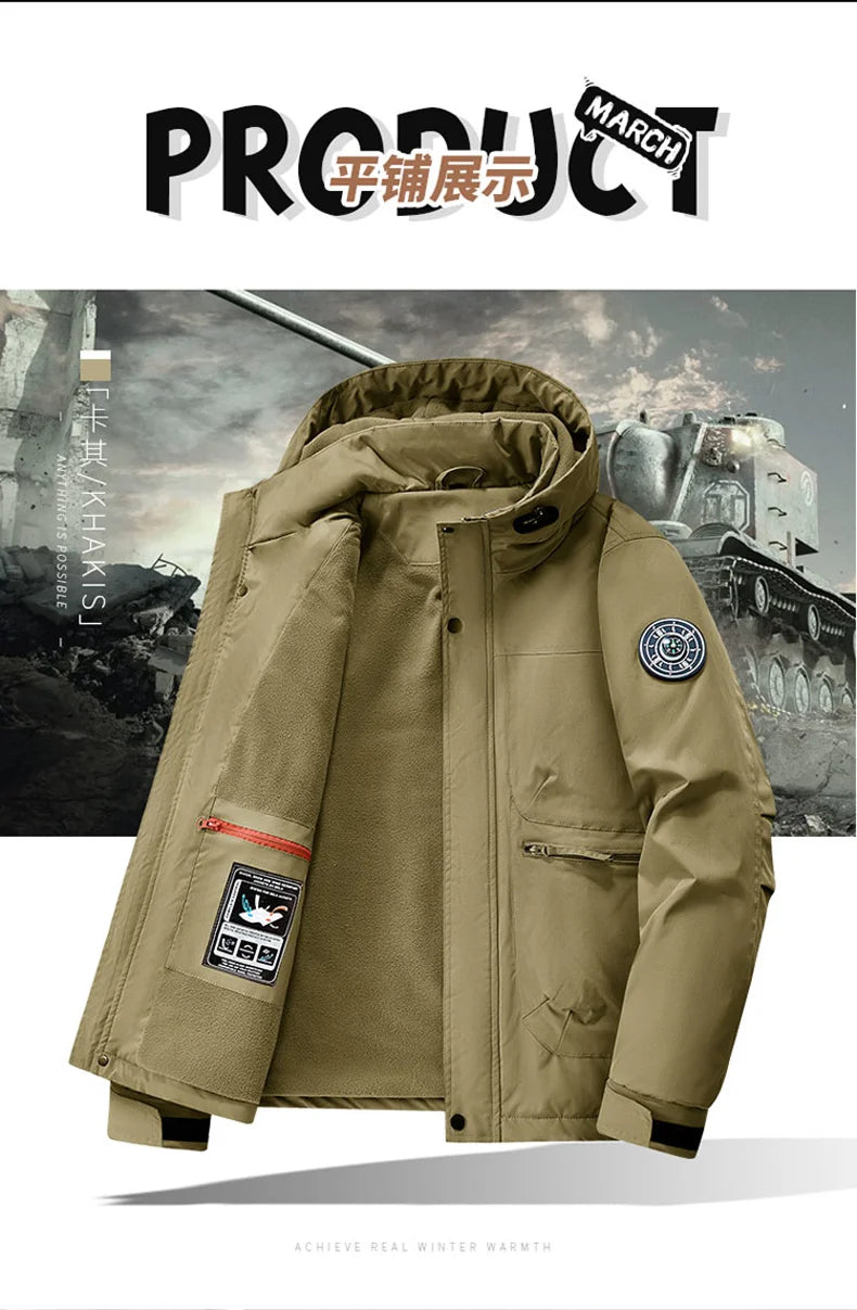 Winter Jacket Men Outwear Fleece Liner Warm Hooded Men multi-pocket Cargo Jacket Men Windproof Casual Hiking Coat Male Clothing