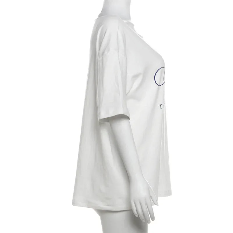 Oversized T Shirts For Women Streetwear Inclined Collar Y2k Top Letters Printing Camisetas Short Sleeve Ropa Mujer Summer Outfit