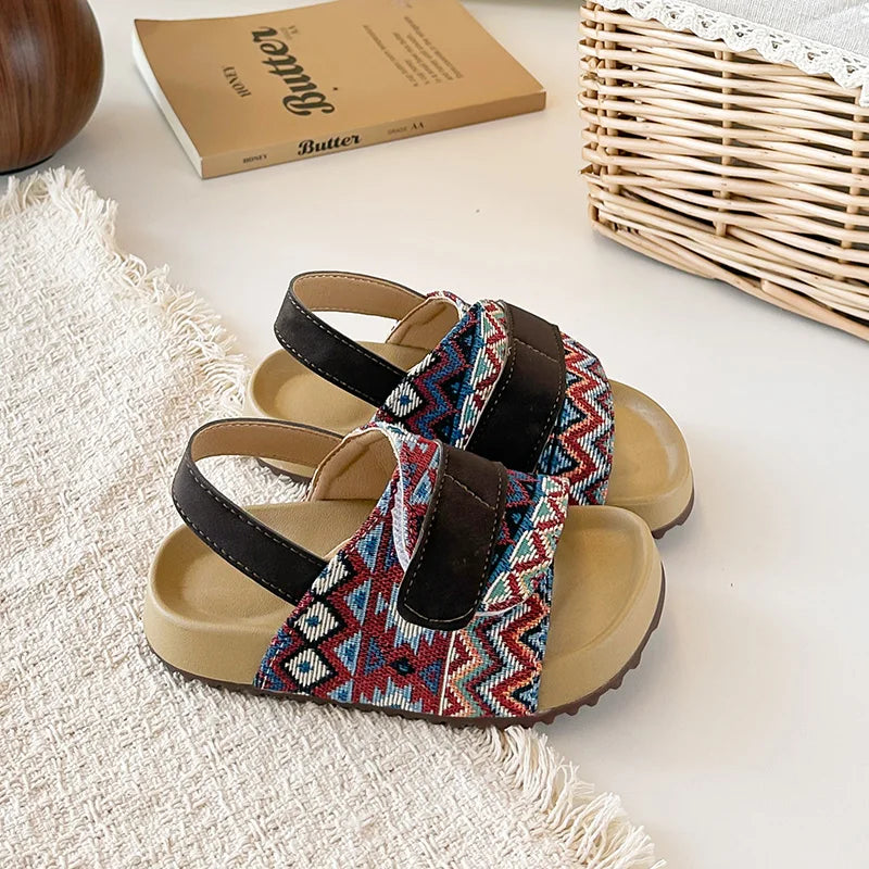 Summer Children Causal Sandals New Boho Toddler Beach Slippers for Girls Outdoor Daily Wear Non-slip Kids Retro Open-toe Sandals
