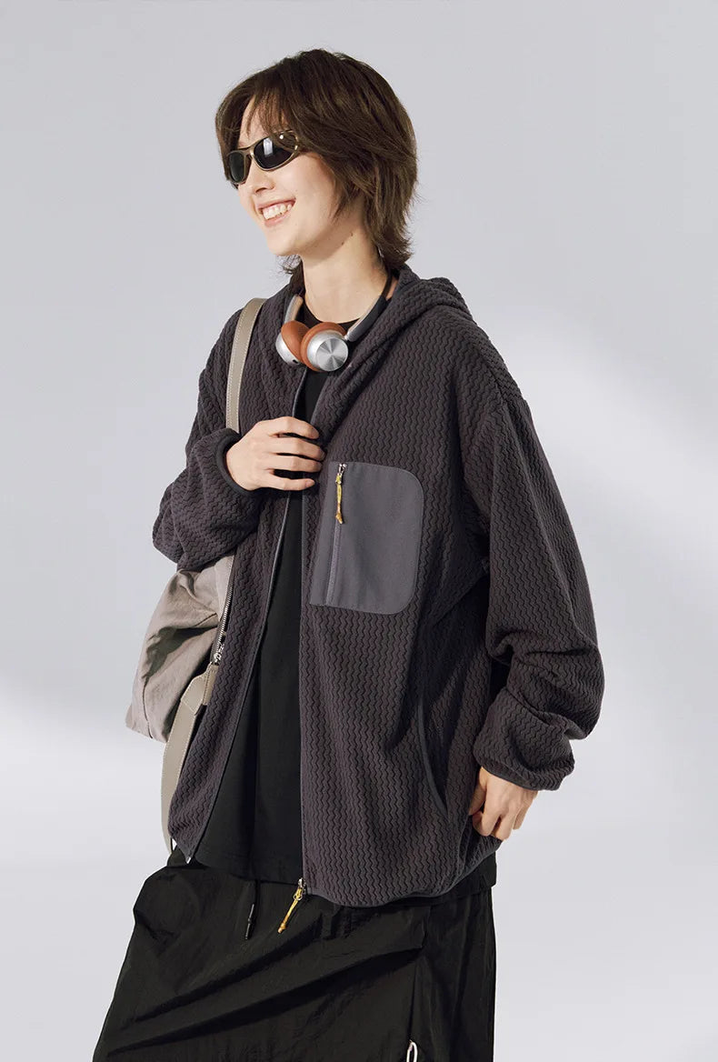 Winter Outdoor Windproof Wavy - Patterned Stand - Collar Zip - Up Jacket Unisex Loose-fitting Casual Warm Windproof Jacket.