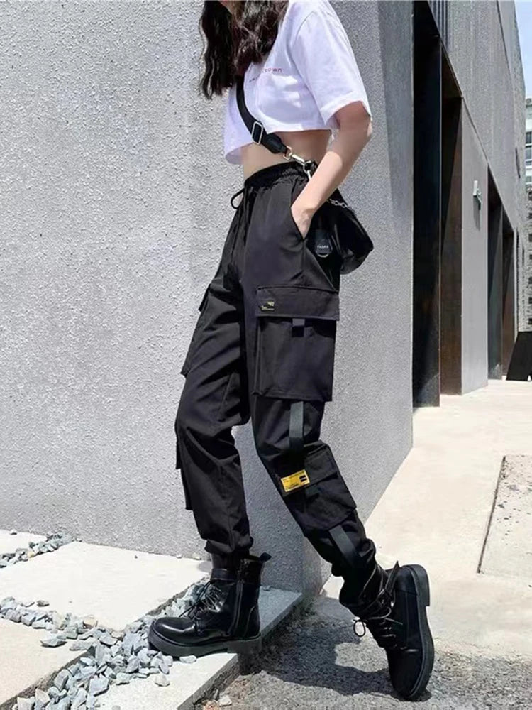 Women Cargo Pants  Harem Pants Fashion Punk Pockets Jogger Trousers With Chain Harajuku Elastics High Waist Streetwear