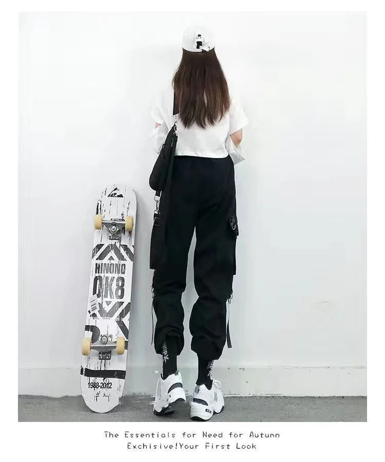 Black Cargo Pants for Women Techwear Female Goth Joggers with Chain Casual Trousers Hip Hop Sweaatpants Loose Street Rock Style