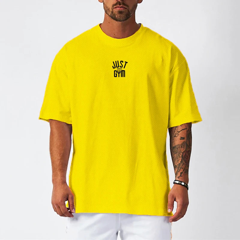 Oversized T shirt Men Loose Drop Shoulders Gym Clothing Bodybuilding Fitness Streetwear Hip-Hop T-shirt Quick Dry Mesh Sport Tee