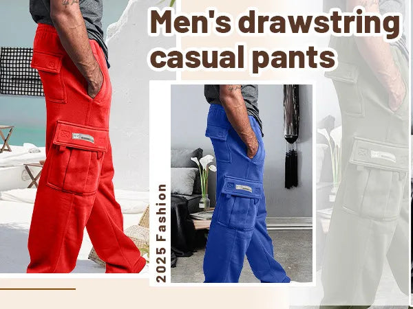 Men'S Cargo Pants Rope Loosening Waist Solid Color Pocket Trousers Comfortable Loose Sports Trousers Casual Wide Leg Pants