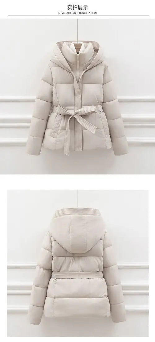 2026 New Winter Jacket Women Warm Parkas Long Sleeve Tops Casual Cotton Padded Jackets Belt Black Brown Hooded Outwear Female