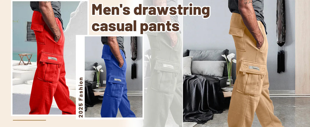 Men'S Cargo Pants Rope Loosening Waist Solid Color Pocket Trousers Comfortable Loose Sports Trousers Casual Wide Leg Pants