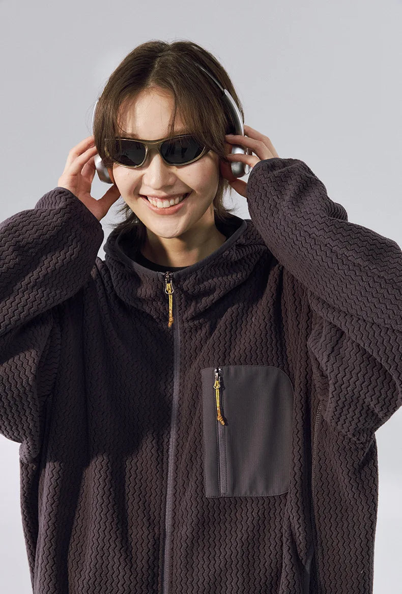 Winter Outdoor Windproof Wavy - Patterned Stand - Collar Zip - Up Jacket Unisex Loose-fitting Casual Warm Windproof Jacket.