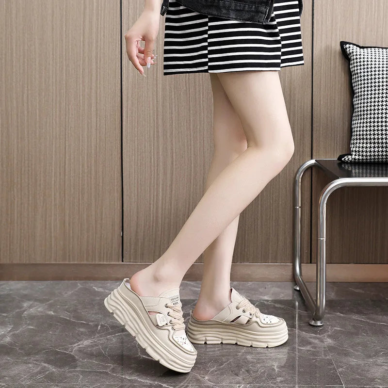 Summer New Women's Sandals Fashion Breathable Increase Baotou Semi-slippers Women Small White Shoe Sexy Dress Sandals Zapatillas