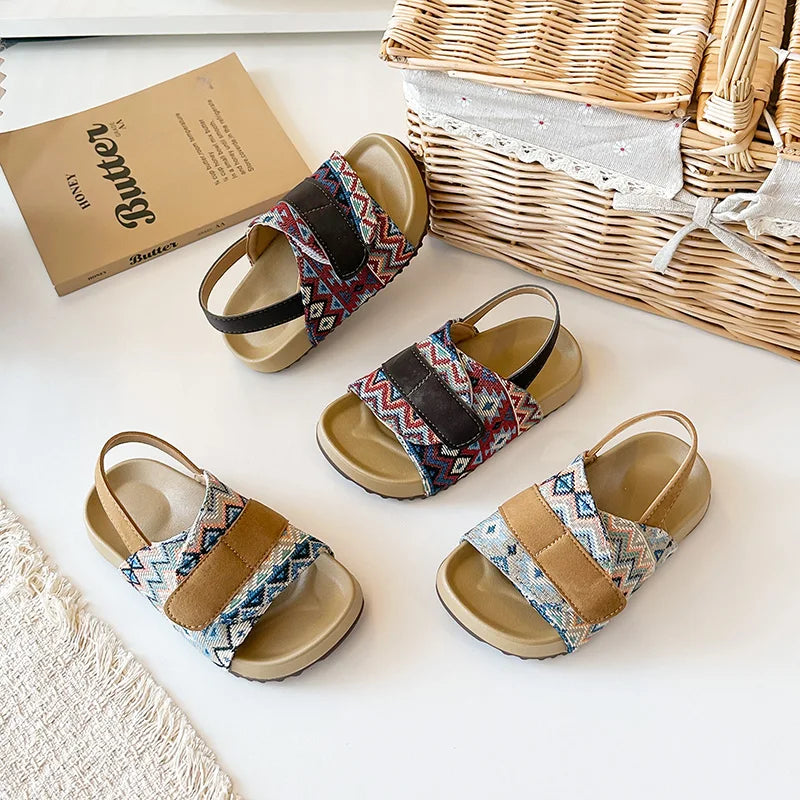Summer Children Causal Sandals New Boho Toddler Beach Slippers for Girls Outdoor Daily Wear Non-slip Kids Retro Open-toe Sandals