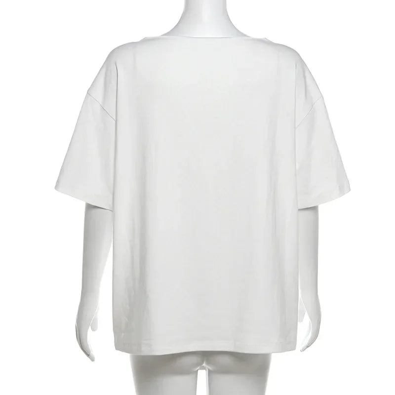 Oversized T Shirts For Women Streetwear Inclined Collar Y2k Top Letters Printing Camisetas Short Sleeve Ropa Mujer Summer Outfit