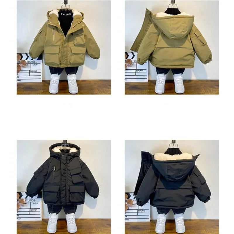 2025 Winter Boys Jacket Children Clothing Keep Warm Cotton Thicken Coats Kids Zipper Hooded Outerwear Plus Velvet Jackets