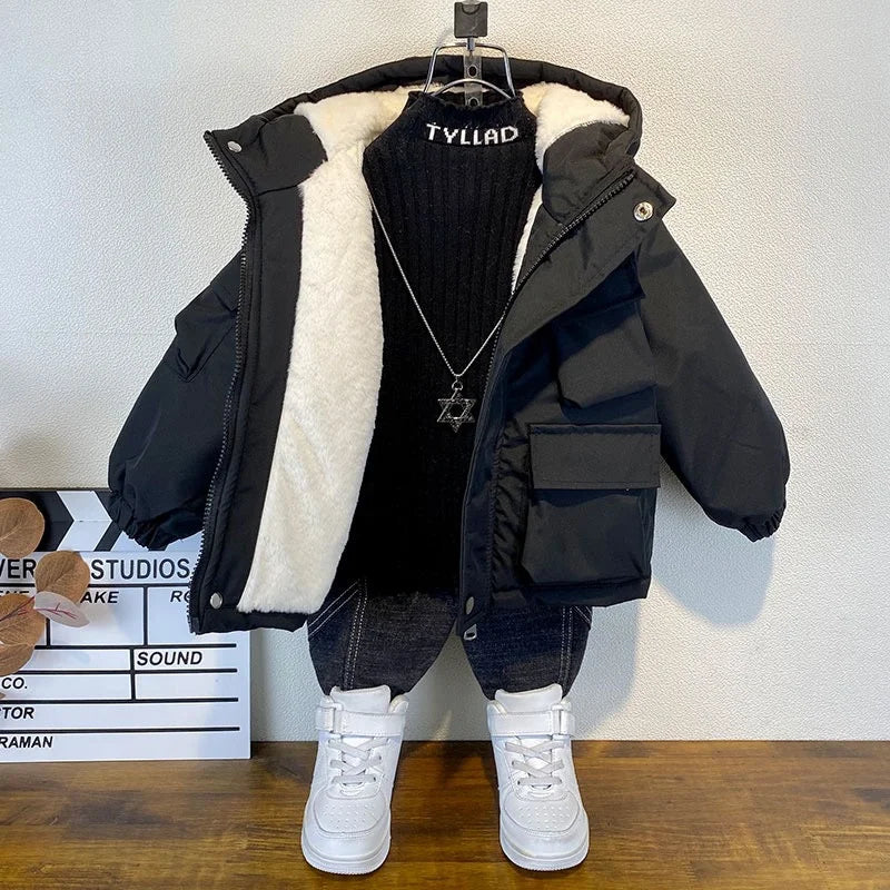 2025 Winter Boys Jacket Children Clothing Keep Warm Cotton Thicken Coats Kids Zipper Hooded Outerwear Plus Velvet Jackets