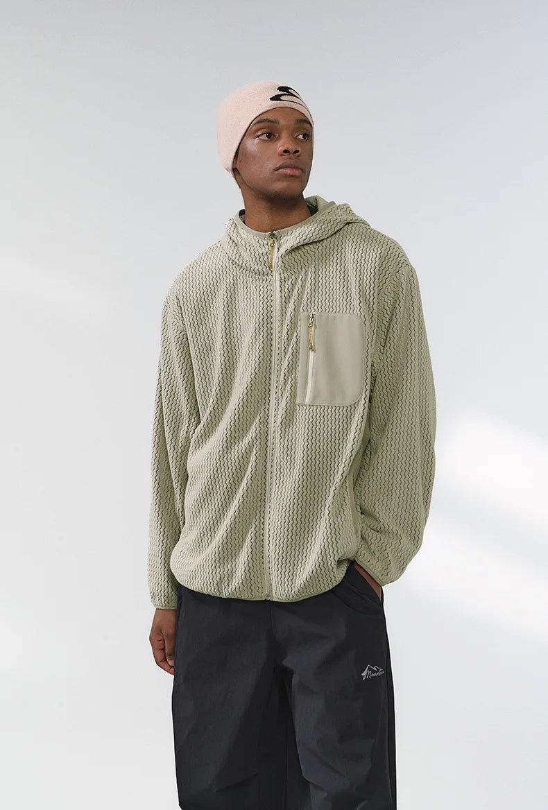 Winter Outdoor Windproof Wavy - Patterned Stand - Collar Zip - Up Jacket Unisex Loose-fitting Casual Warm Windproof Jacket.