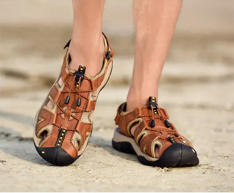 Summer Sandals Men's Baotou Beach Shoes Soft Soled Leather Anti Slip Outdoor Hollow Breathable Daily Casual Men's Shoes Slippers