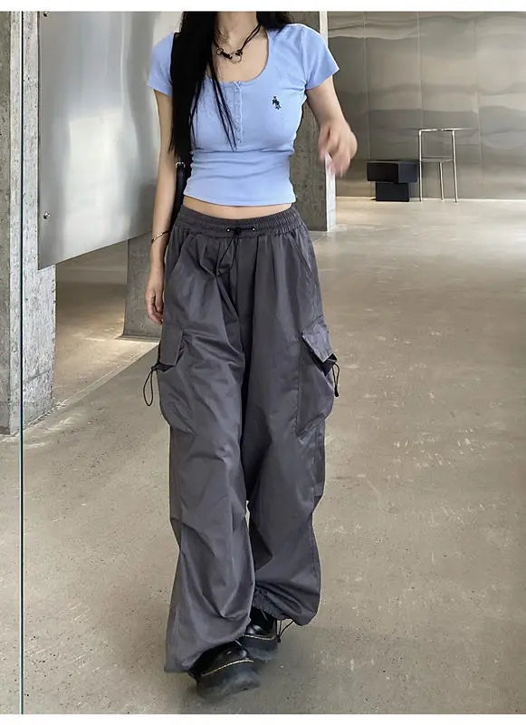 2025 Cargo Pants Women Retro Workwear Casual Baggy Straight Trousers Fashion Wide Leg Pockets Joggers Trousers Y2k Streetwear
