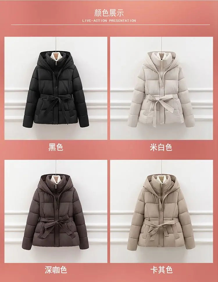 2026 New Winter Jacket Women Warm Parkas Long Sleeve Tops Casual Cotton Padded Jackets Belt Black Brown Hooded Outwear Female
