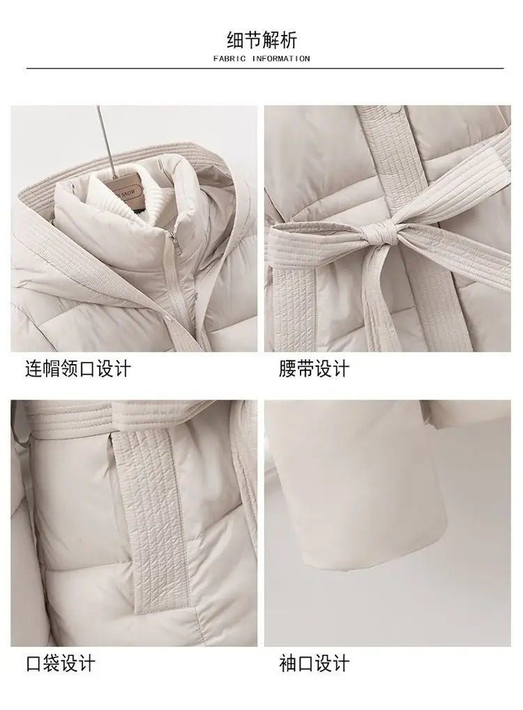 2026 New Winter Jacket Women Warm Parkas Long Sleeve Tops Casual Cotton Padded Jackets Belt Black Brown Hooded Outwear Female
