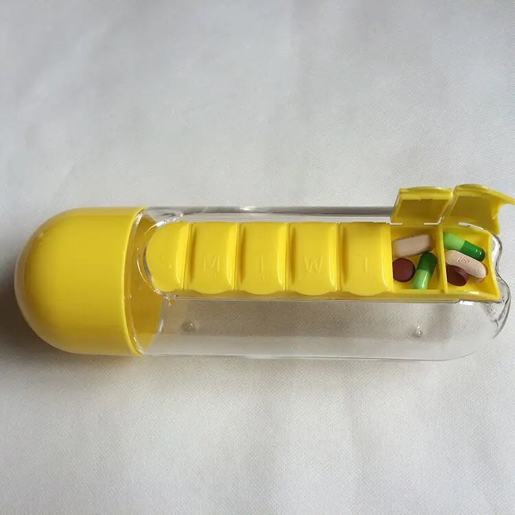 Portable Water Bottle with Built-in Pill Box for Medicines, Vitamins, Perfect for Outdoor, Gym, Fitness, Camping and Traveling