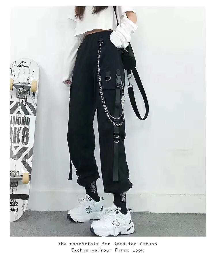 Black Cargo Pants for Women Techwear Female Goth Joggers with Chain Casual Trousers Hip Hop Sweaatpants Loose Street Rock Style