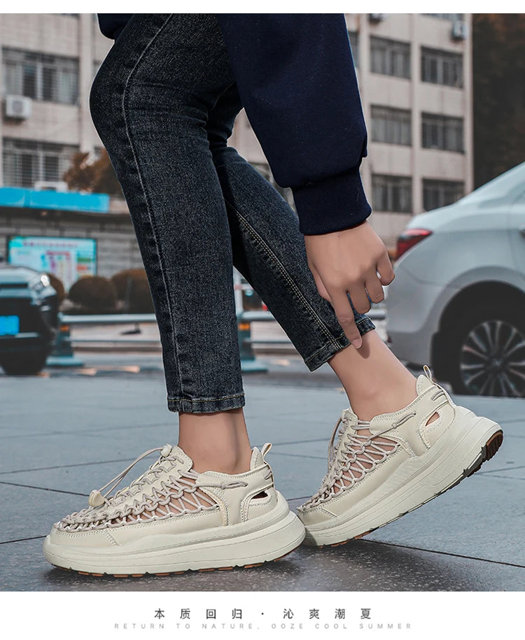 Summer Men Sandals Fashion Handmade Weaving Design Beach Sandals Breathable Casual Flat Sandals Outdoor Couples Sandals Size