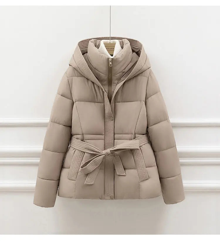 2026 New Winter Jacket Women Warm Parkas Long Sleeve Tops Casual Cotton Padded Jackets Belt Black Brown Hooded Outwear Female