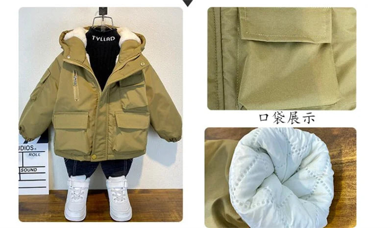 2025 Winter Boys Jacket Children Clothing Keep Warm Cotton Thicken Coats Kids Zipper Hooded Outerwear Plus Velvet Jackets