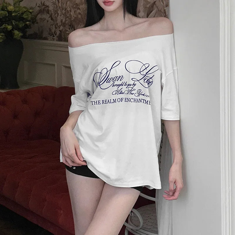 Oversized T Shirts For Women Streetwear Inclined Collar Y2k Top Letters Printing Camisetas Short Sleeve Ropa Mujer Summer Outfit