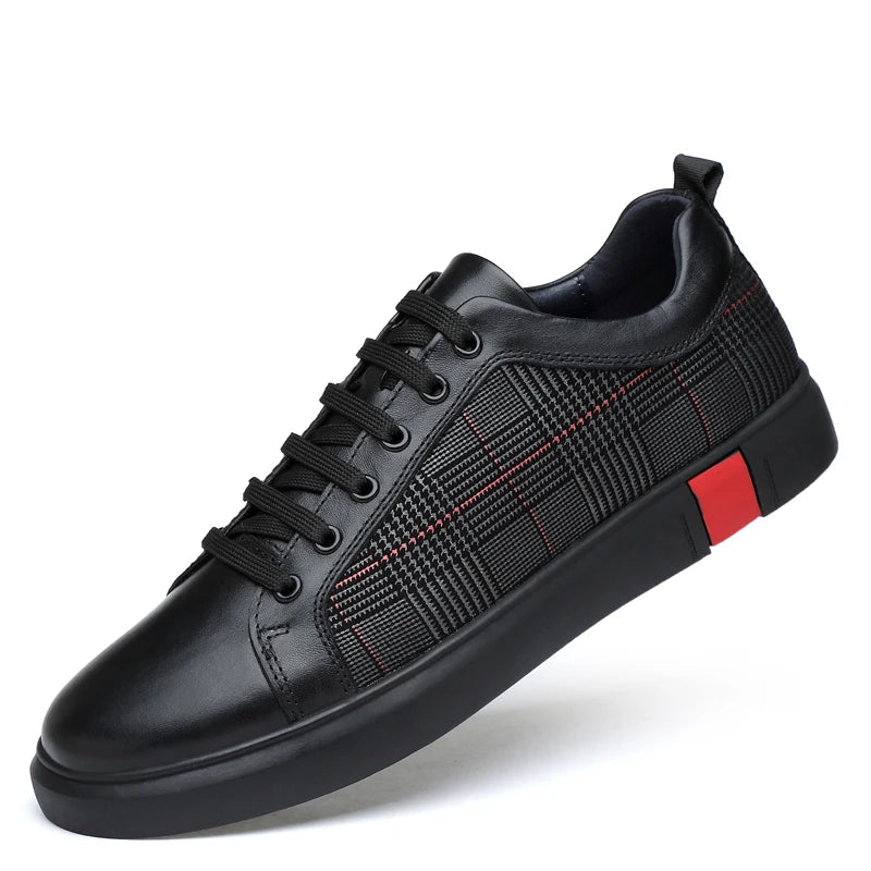 New Arrival Men Black Leather Plaid Panel Sneakers Luxury Style Lace Up Casual Shoes Non Slip Platform Walking Footwear