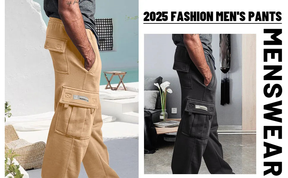 Men'S Cargo Pants Rope Loosening Waist Solid Color Pocket Trousers Comfortable Loose Sports Trousers Casual Wide Leg Pants