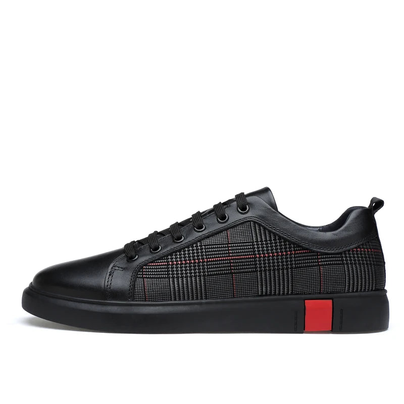 New Arrival Men Black Leather Plaid Panel Sneakers Luxury Style Lace Up Casual Shoes Non Slip Platform Walking Footwear