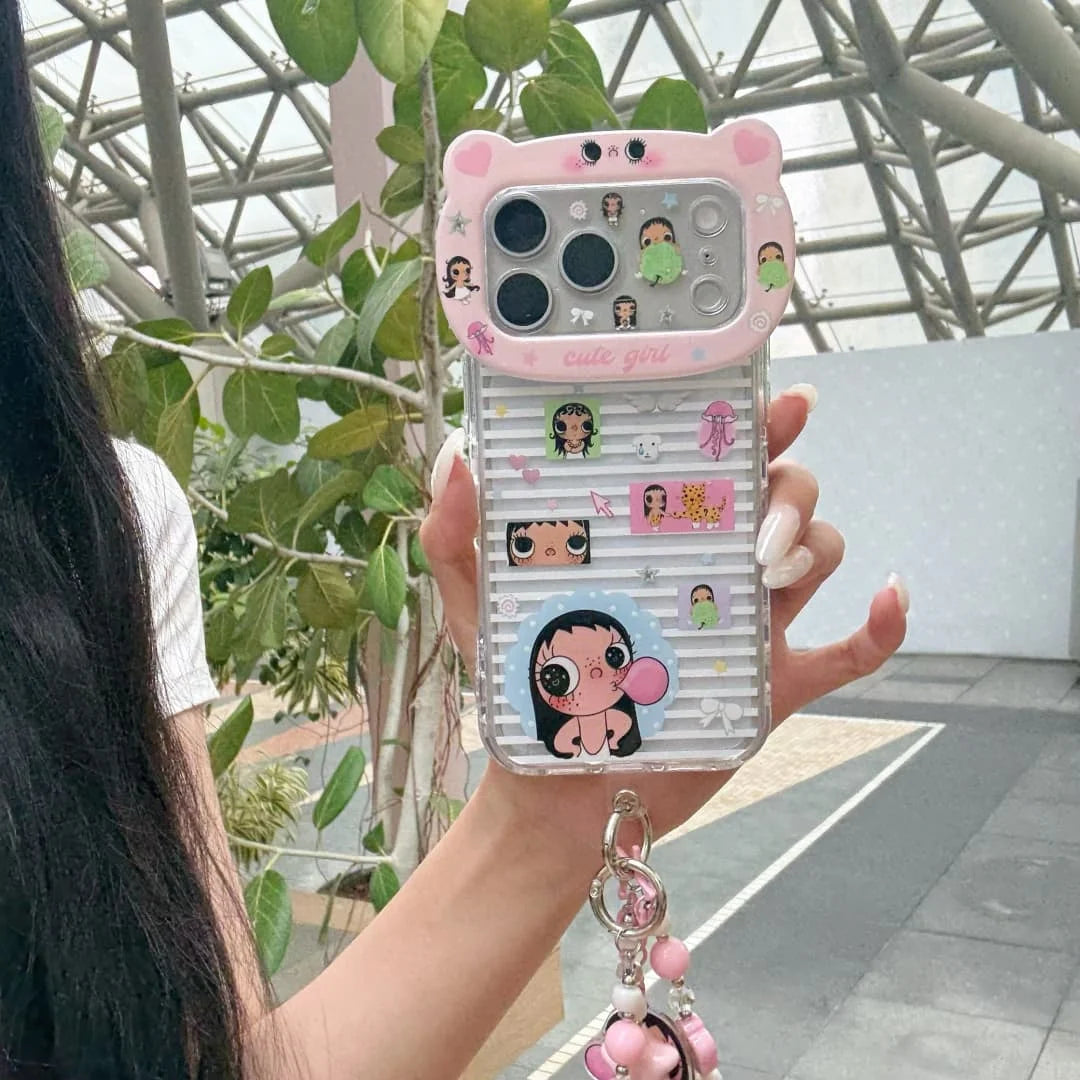 3D Cartoon Little  Girl Cute  Phone Case for iPhone 16 Pro 17 Pro Max 14 15 16 17 Cases With Chain Shockproof Cover