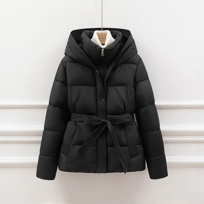 2026 New Winter Jacket Women Warm Parkas Long Sleeve Tops Casual Cotton Padded Jackets Belt Black Brown Hooded Outwear Female