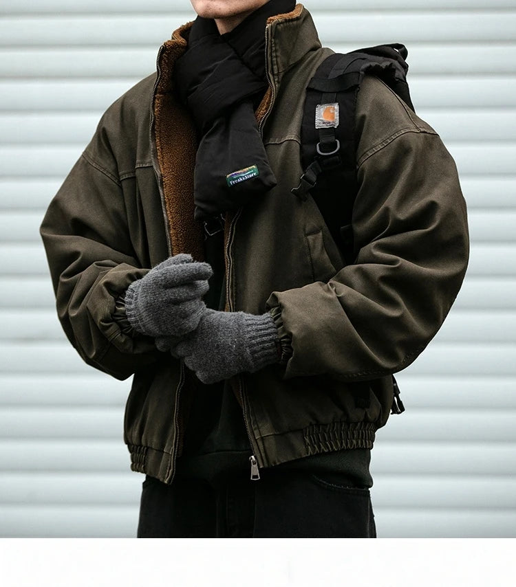 Winter Heavyweight Mens Jacket Japanese Vintage PU Coated Windproof Thick Fleece Lined Warm Distressed Streetwear Long Coat Male