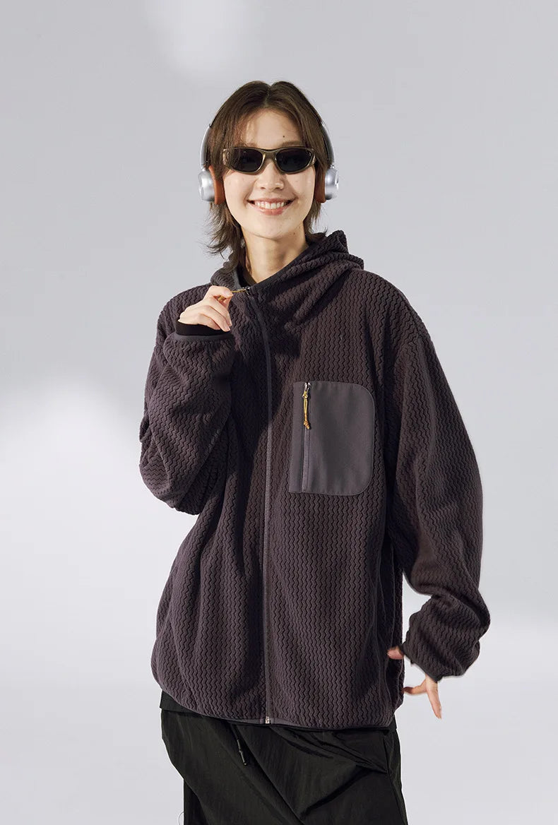Winter Outdoor Windproof Wavy - Patterned Stand - Collar Zip - Up Jacket Unisex Loose-fitting Casual Warm Windproof Jacket.