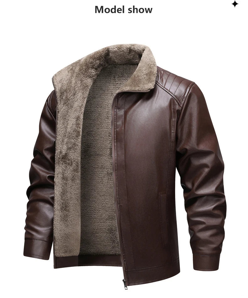 Winter Fleece-lined Leather Jacket Men 2025 New Coat Men's Top Windproof Leisure Mens Streetwear Zipper Retro Moto Biker Jackets