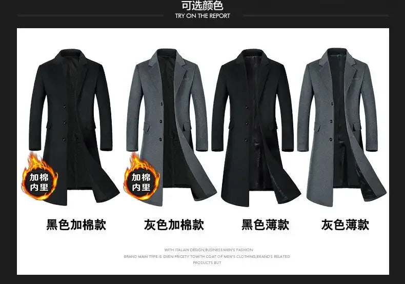 Winter Jacket Men Fashion Business Slim-fit British Style Solid Color Outdoor Cold Casual Trend Thickened Tweed Coat