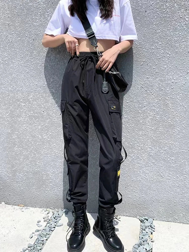 Women Cargo Pants  Harem Pants Fashion Punk Pockets Jogger Trousers With Chain Harajuku Elastics High Waist Streetwear