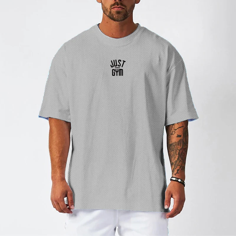 Oversized T shirt Men Loose Drop Shoulders Gym Clothing Bodybuilding Fitness Streetwear Hip-Hop T-shirt Quick Dry Mesh Sport Tee