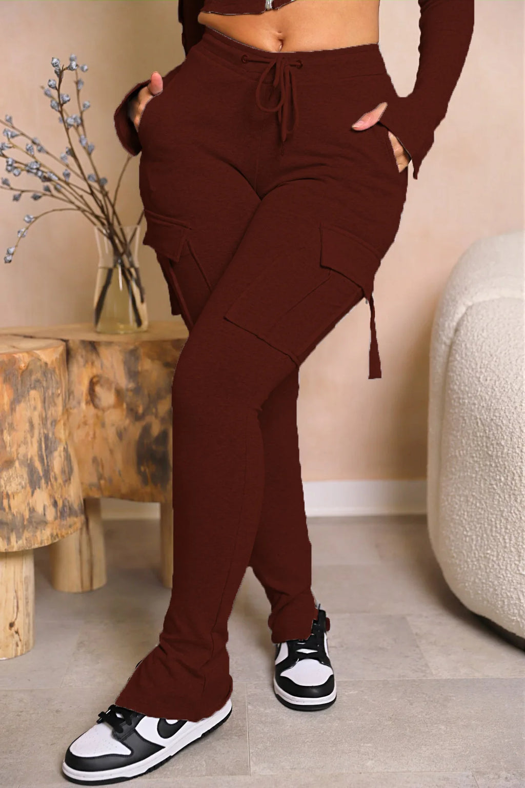 Cargo Pant Women Long Pants Sexy Slim Fit Casual Drawstring Splice Button Pocket Straight Trousers Lace Up High Elastic Waist