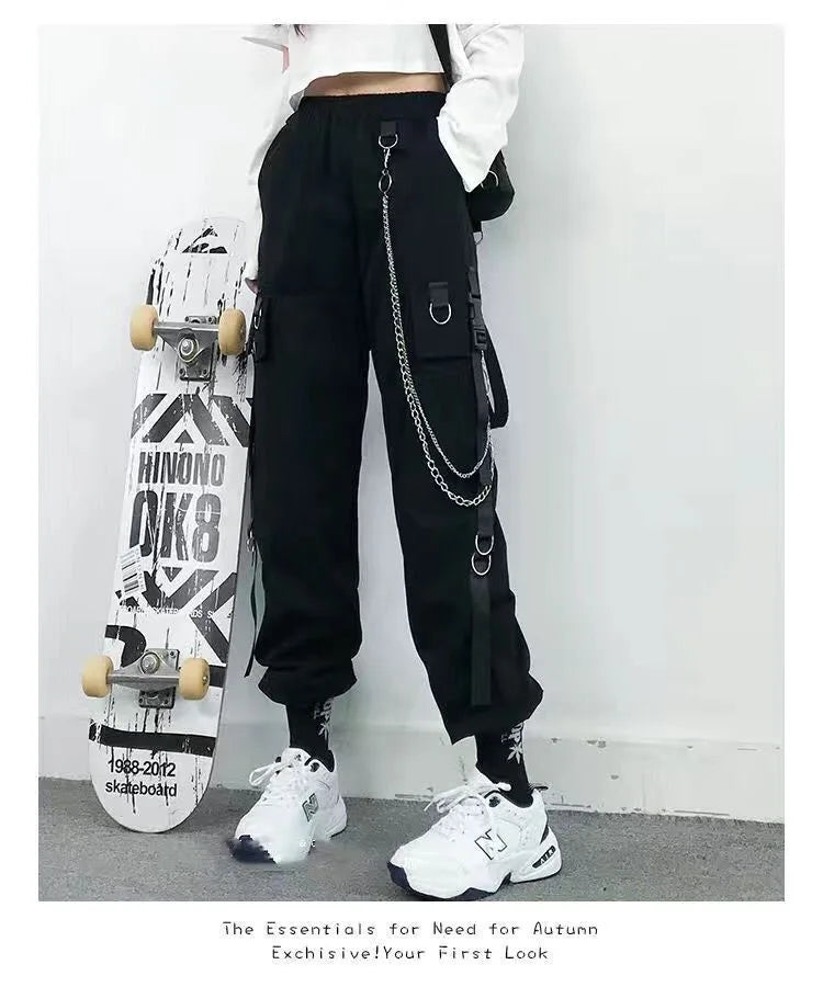Black Cargo Pants for Women Techwear Female Goth Joggers with Chain Casual Trousers Hip Hop Sweaatpants Loose Street Rock Style