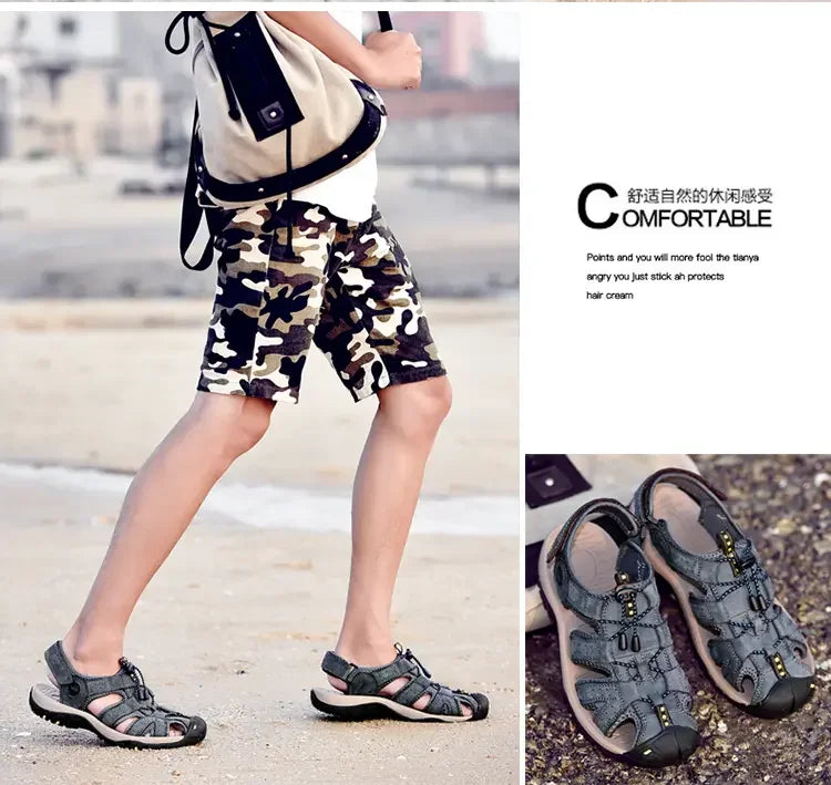 Summer Sandals Men's Baotou Beach Shoes Soft Soled Leather Anti Slip Outdoor Hollow Breathable Daily Casual Men's Shoes Slippers
