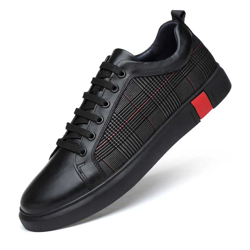 New Arrival Men Black Leather Plaid Panel Sneakers Luxury Style Lace Up Casual Shoes Non Slip Platform Walking Footwear