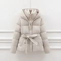 2026 New Winter Jacket Women Warm Parkas Long Sleeve Tops Casual Cotton Padded Jackets Belt Black Brown Hooded Outwear Female