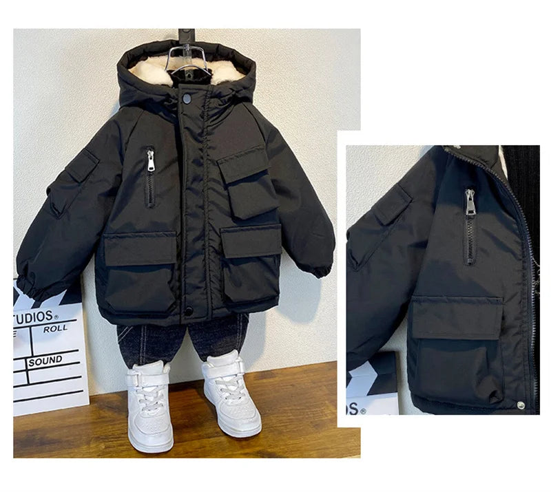 2025 Winter Boys Jacket Children Clothing Keep Warm Cotton Thicken Coats Kids Zipper Hooded Outerwear Plus Velvet Jackets