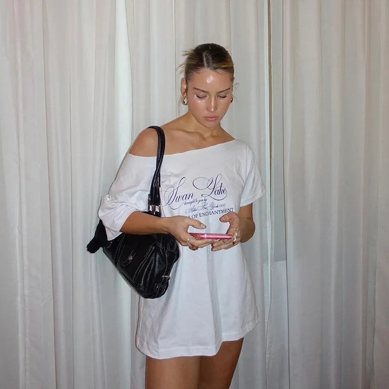 Oversized T Shirts For Women Streetwear Inclined Collar Y2k Top Letters Printing Camisetas Short Sleeve Ropa Mujer Summer Outfit
