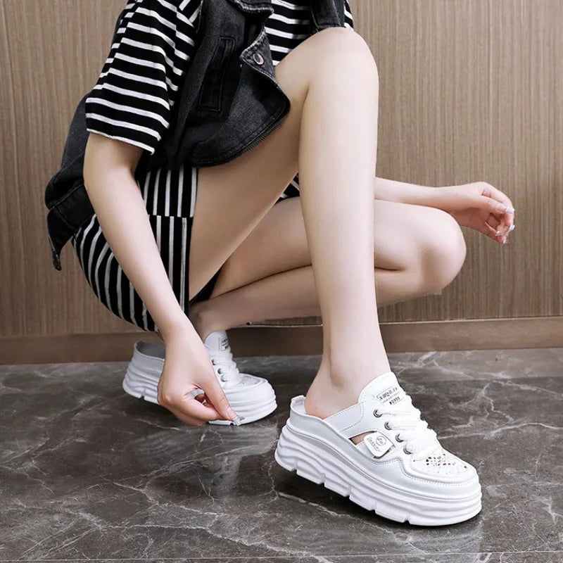 Summer New Women's Sandals Fashion Breathable Increase Baotou Semi-slippers Women Small White Shoe Sexy Dress Sandals Zapatillas
