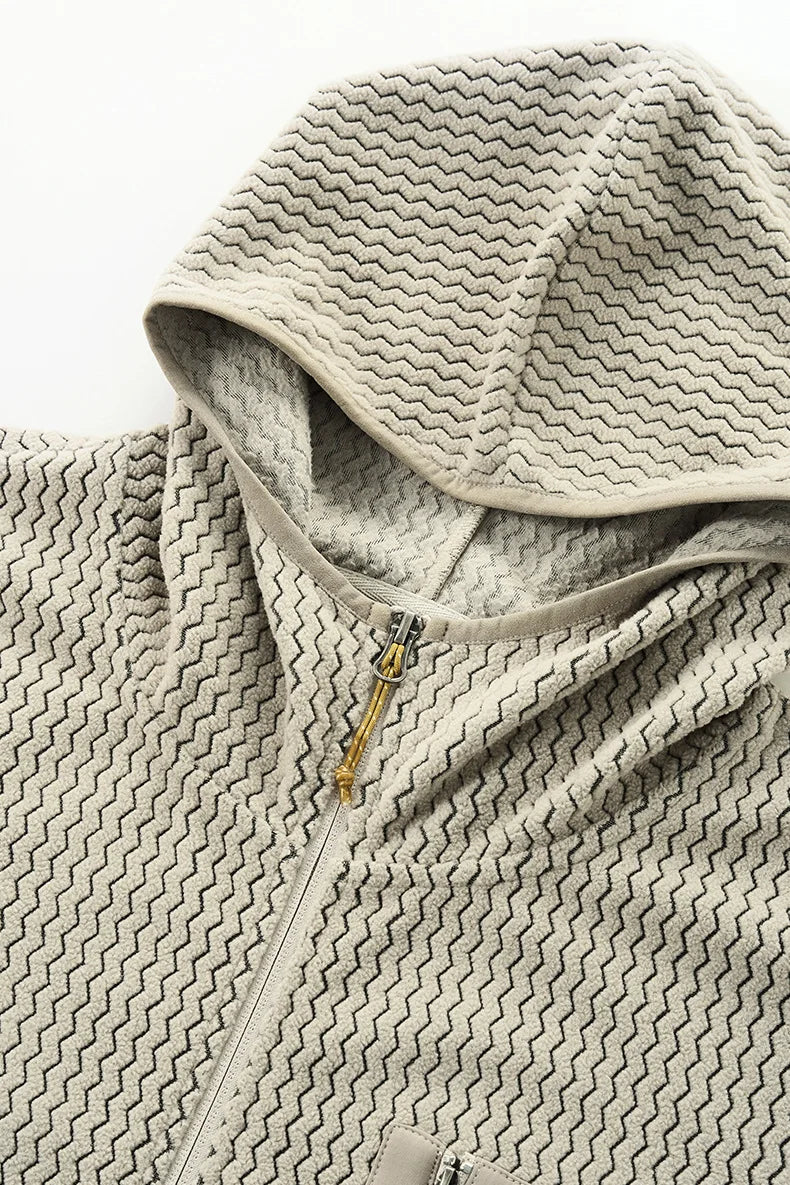 Winter Outdoor Windproof Wavy - Patterned Stand - Collar Zip - Up Jacket Unisex Loose-fitting Casual Warm Windproof Jacket.