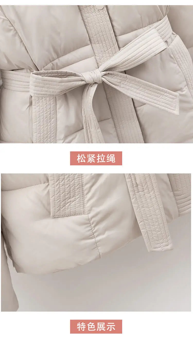 2026 New Winter Jacket Women Warm Parkas Long Sleeve Tops Casual Cotton Padded Jackets Belt Black Brown Hooded Outwear Female