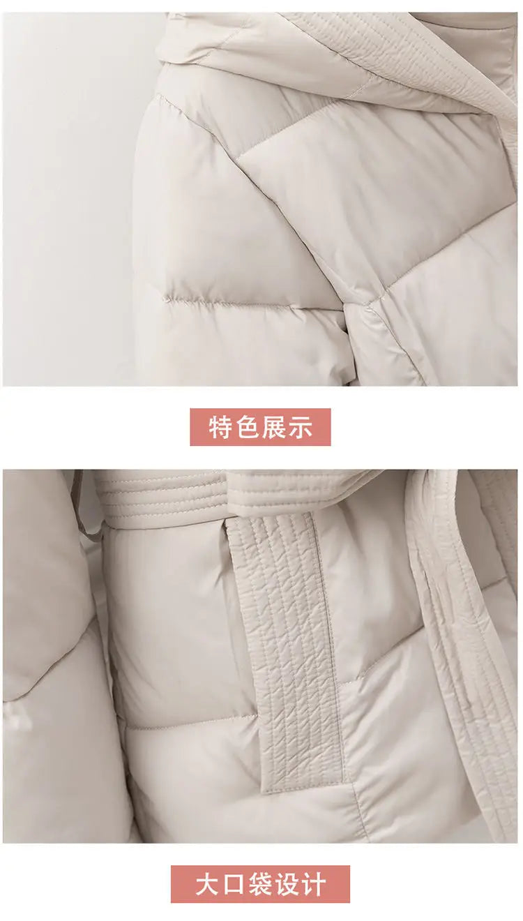 2026 New Winter Jacket Women Warm Parkas Long Sleeve Tops Casual Cotton Padded Jackets Belt Black Brown Hooded Outwear Female