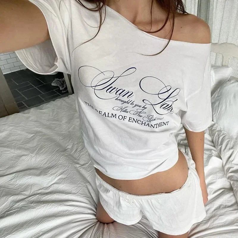 Oversized T Shirts For Women Streetwear Inclined Collar Y2k Top Letters Printing Camisetas Short Sleeve Ropa Mujer Summer Outfit